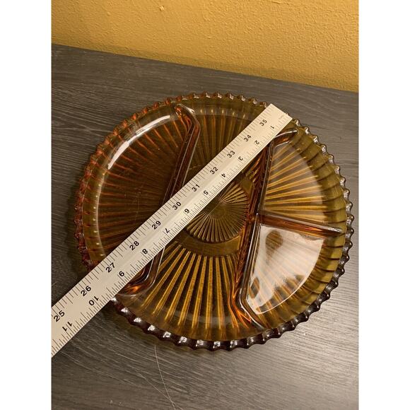 Old Indiana Colony Glass Amber Ribbed 4 Section Divided 10" Serving Plate Tray - Picture 5 of 6